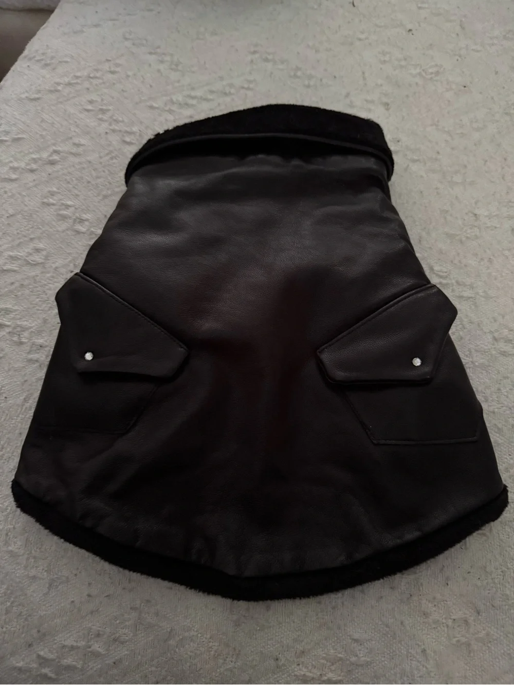 Black Faux Leather Shearling-Trim Dog Coat with Studded Rhinestones